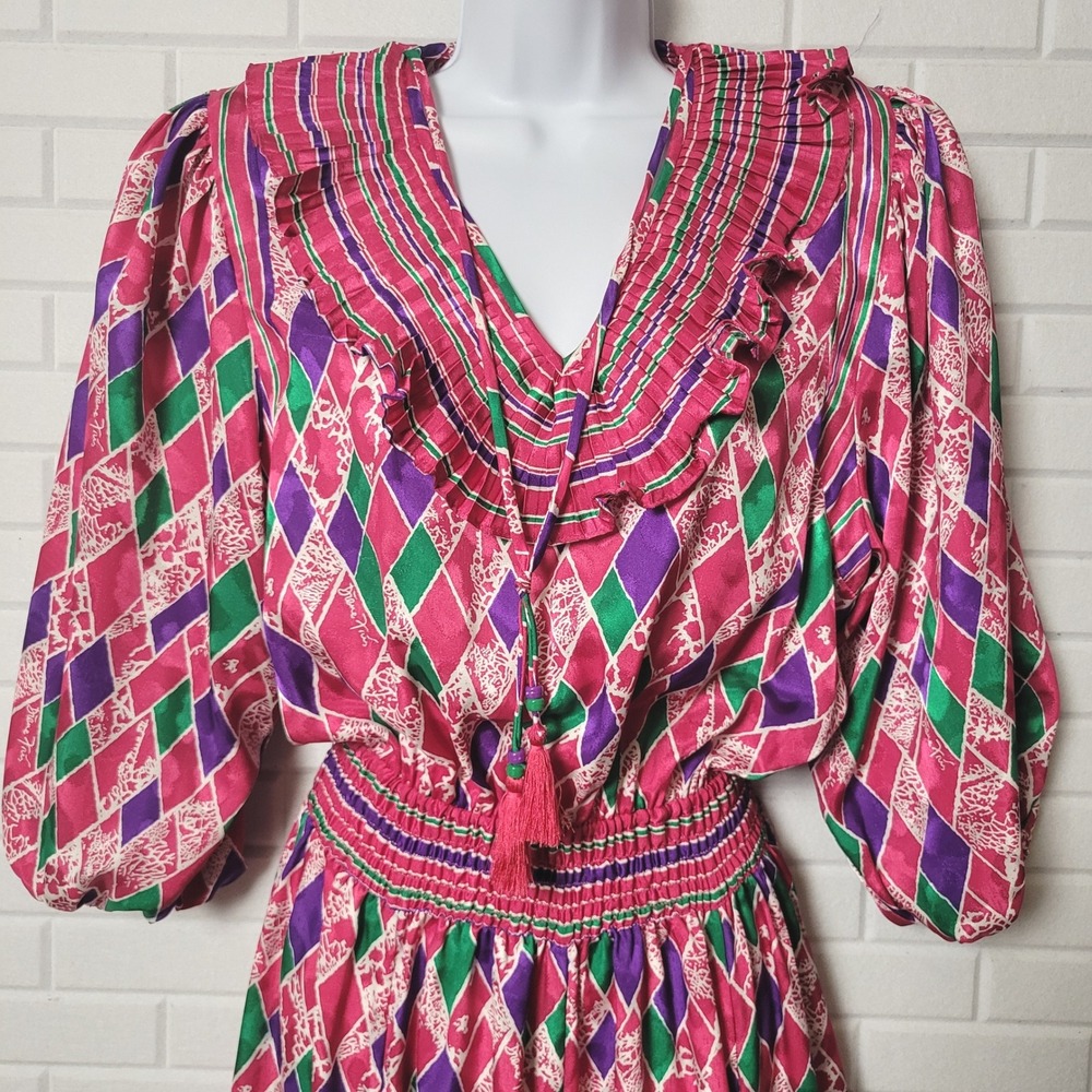 Vitg 1980s Diane Freis Dress M Pink Purple Harlequin Pleated Ruffle Boho